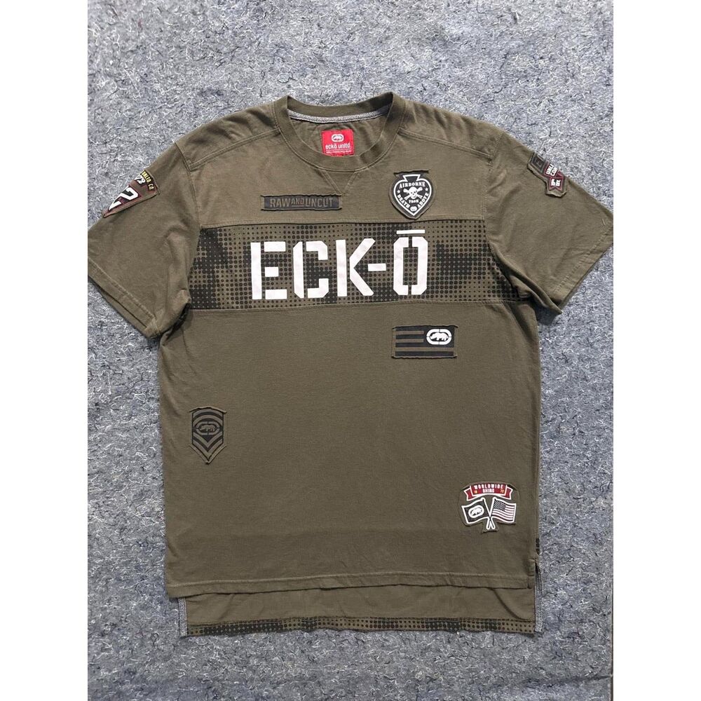 Ecko Unltd Men’s Large Military Graphic Patch T-Shirt Olive Green Streetwear